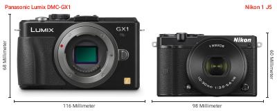 Größenvergleich: Panasonic Lumix DMC-GX1 vs. Nikon 1 J5 Größenvergleich: Panasonic Lumix DMC-GX1 vs. Nikon 1 J5