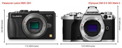 Größenvergleich: Panasonic Lumix DMC-GX1 vs. OM System OM-D E-M5 Mark II