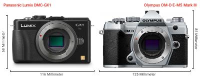 Größenvergleich: Panasonic Lumix DMC-GX1 vs. OM System OM-D E-M5 Mark III