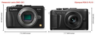 Größenvergleich: Panasonic Lumix DMC-GX1 vs. OM System PEN E-PL10 Größenvergleich: Panasonic Lumix DMC-GX1 vs. OM System PEN E-PL10