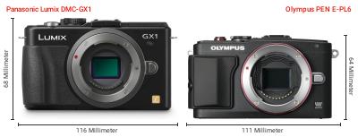 Größenvergleich: Panasonic Lumix DMC-GX1 vs. OM System PEN E-PL6 Größenvergleich: Panasonic Lumix DMC-GX1 vs. OM System PEN E-PL6