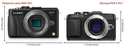 Größenvergleich: Panasonic Lumix DMC-GX1 vs. OM System PEN E-PL7 Größenvergleich: Panasonic Lumix DMC-GX1 vs. OM System PEN E-PL7