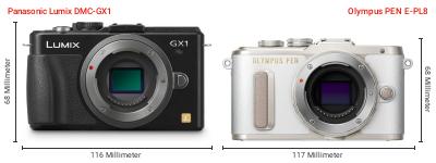 Größenvergleich: Panasonic Lumix DMC-GX1 vs. OM System PEN E-PL8 Größenvergleich: Panasonic Lumix DMC-GX1 vs. OM System PEN E-PL8