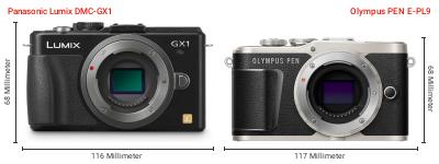 Größenvergleich: Panasonic Lumix DMC-GX1 vs. OM System PEN E-PL9 Größenvergleich: Panasonic Lumix DMC-GX1 vs. OM System PEN E-PL9
