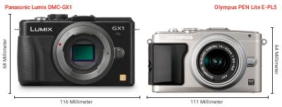 Größenvergleich: Panasonic Lumix DMC-GX1 vs. OM System PEN Lite E-PL5 Größenvergleich: Panasonic Lumix DMC-GX1 vs. OM System PEN Lite E-PL5