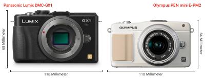 Größenvergleich: Panasonic Lumix DMC-GX1 vs. Olympus PEN mini E-PM2 Größenvergleich: Panasonic Lumix DMC-GX1 vs. Olympus PEN mini E-PM2