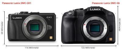 Größenvergleich: Panasonic Lumix DMC-GX1 vs. Panasonic Lumix DMC-G6 Größenvergleich: Panasonic Lumix DMC-GX1 vs. Panasonic Lumix DMC-G6