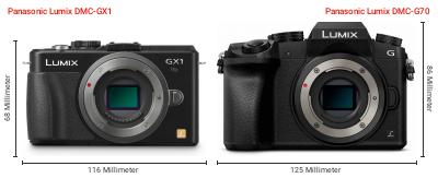 Größenvergleich: Panasonic Lumix DMC-GX1 vs. Panasonic Lumix DMC-G70 Größenvergleich: Panasonic Lumix DMC-GX1 vs. Panasonic Lumix DMC-G70
