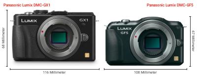 Größenvergleich: Panasonic Lumix DMC-GX1 vs. Panasonic Lumix DMC-GF5 Größenvergleich: Panasonic Lumix DMC-GX1 vs. Panasonic Lumix DMC-GF5