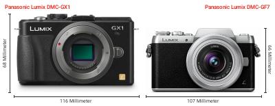 Größenvergleich: Panasonic Lumix DMC-GX1 vs. Panasonic Lumix DMC-GF7 Größenvergleich: Panasonic Lumix DMC-GX1 vs. Panasonic Lumix DMC-GF7