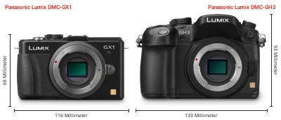 Größenvergleich: Panasonic Lumix DMC-GX1 vs. Panasonic Lumix DMC-GH3 Größenvergleich: Panasonic Lumix DMC-GX1 vs. Panasonic Lumix DMC-GH3
