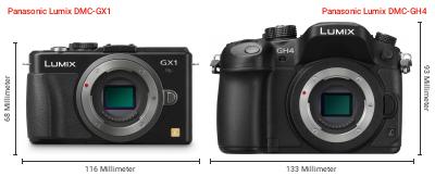 Größenvergleich: Panasonic Lumix DMC-GX1 vs. Panasonic Lumix DMC-GH4 Größenvergleich: Panasonic Lumix DMC-GX1 vs. Panasonic Lumix DMC-GH4