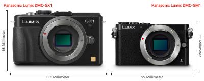 Größenvergleich: Panasonic Lumix DMC-GX1 vs. Panasonic Lumix DMC-GM1 Größenvergleich: Panasonic Lumix DMC-GX1 vs. Panasonic Lumix DMC-GM1