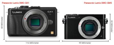 Größenvergleich: Panasonic Lumix DMC-GX1 vs. Panasonic Lumix DMC-GM5 Größenvergleich: Panasonic Lumix DMC-GX1 vs. Panasonic Lumix DMC-GM5
