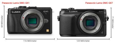 Größenvergleich: Panasonic Lumix DMC-GX1 vs. Panasonic Lumix DMC-GX7 Größenvergleich: Panasonic Lumix DMC-GX1 vs. Panasonic Lumix DMC-GX7