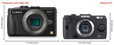 Größenvergleich: Panasonic Lumix DMC-GX1 vs. Pentax Q10 Größenvergleich: Panasonic Lumix DMC-GX1 vs. Pentax Q10