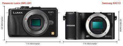 Größenvergleich: Panasonic Lumix DMC-GX1 vs. Samsung NX210 Größenvergleich: Panasonic Lumix DMC-GX1 vs. Samsung NX210