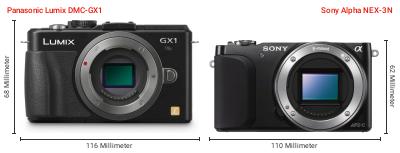 Größenvergleich: Panasonic Lumix DMC-GX1 vs. Sony Alpha NEX-3N Größenvergleich: Panasonic Lumix DMC-GX1 vs. Sony Alpha NEX-3N
