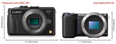 Größenvergleich: Panasonic Lumix DMC-GX1 vs. Sony Alpha NEX-5R Größenvergleich: Panasonic Lumix DMC-GX1 vs. Sony Alpha NEX-5R
