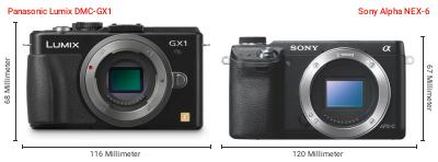 Größenvergleich: Panasonic Lumix DMC-GX1 vs. Sony Alpha NEX-6 Größenvergleich: Panasonic Lumix DMC-GX1 vs. Sony Alpha NEX-6