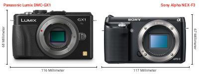 Größenvergleich: Panasonic Lumix DMC-GX1 vs. Sony Alpha NEX-F3 Größenvergleich: Panasonic Lumix DMC-GX1 vs. Sony Alpha NEX-F3