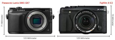 Größenvergleich: Panasonic Lumix DMC-GX7 vs. Fujifilm X-E2 Größenvergleich: Panasonic Lumix DMC-GX7 vs. Fujifilm X-E2