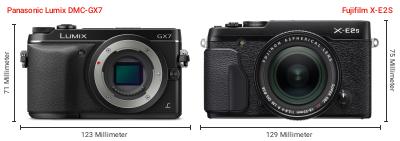 Größenvergleich: Panasonic Lumix DMC-GX7 vs. Fujifilm X-E2S Größenvergleich: Panasonic Lumix DMC-GX7 vs. Fujifilm X-E2S