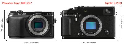 Größenvergleich: Panasonic Lumix DMC-GX7 vs. Fujifilm X-Pro3 Größenvergleich: Panasonic Lumix DMC-GX7 vs. Fujifilm X-Pro3
