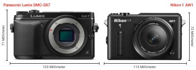 Größenvergleich: Panasonic Lumix DMC-GX7 vs. Nikon 1 AW1 Größenvergleich: Panasonic Lumix DMC-GX7 vs. Nikon 1 AW1