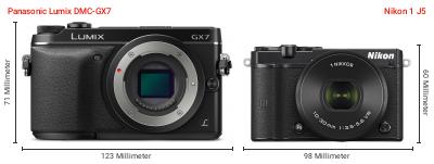 Größenvergleich: Panasonic Lumix DMC-GX7 vs. Nikon 1 J5 Größenvergleich: Panasonic Lumix DMC-GX7 vs. Nikon 1 J5