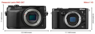 Größenvergleich: Panasonic Lumix DMC-GX7 vs. Nikon 1 V3
