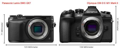 Größenvergleich: Panasonic Lumix DMC-GX7 vs. OM System OM-D E-M1 Mark II Größenvergleich: Panasonic Lumix DMC-GX7 vs. OM System OM-D E-M1 Mark II