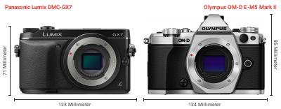 Größenvergleich: Panasonic Lumix DMC-GX7 vs. OM System OM-D E-M5 Mark II Größenvergleich: Panasonic Lumix DMC-GX7 vs. OM System OM-D E-M5 Mark II
