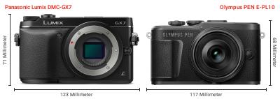 Größenvergleich: Panasonic Lumix DMC-GX7 vs. OM System PEN E-PL10 Größenvergleich: Panasonic Lumix DMC-GX7 vs. OM System PEN E-PL10