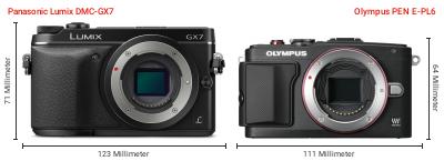 Größenvergleich: Panasonic Lumix DMC-GX7 vs. OM System PEN E-PL6 Größenvergleich: Panasonic Lumix DMC-GX7 vs. OM System PEN E-PL6