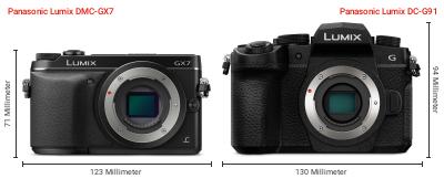 Größenvergleich: Panasonic Lumix DMC-GX7 vs. Panasonic Lumix DC-G91 Größenvergleich: Panasonic Lumix DMC-GX7 vs. Panasonic Lumix DC-G91