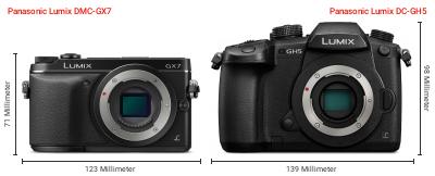 Größenvergleich: Panasonic Lumix DMC-GX7 vs. Panasonic Lumix DC-GH5 Größenvergleich: Panasonic Lumix DMC-GX7 vs. Panasonic Lumix DC-GH5