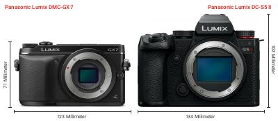 Größenvergleich: Panasonic Lumix DMC-GX7 vs. Panasonic Lumix DC-S5 II Größenvergleich: Panasonic Lumix DMC-GX7 vs. Panasonic Lumix DC-S5 II