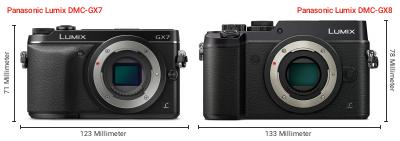 Größenvergleich: Panasonic Lumix DMC-GX7 vs. Panasonic Lumix DMC-GX8 Größenvergleich: Panasonic Lumix DMC-GX7 vs. Panasonic Lumix DMC-GX8