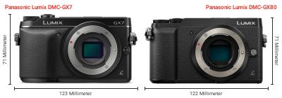 Größenvergleich: Panasonic Lumix DMC-GX7 vs. Panasonic Lumix DMC-GX80 Größenvergleich: Panasonic Lumix DMC-GX7 vs. Panasonic Lumix DMC-GX80