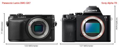 Größenvergleich: Panasonic Lumix DMC-GX7 vs. Sony Alpha 7R Größenvergleich: Panasonic Lumix DMC-GX7 vs. Sony Alpha 7R