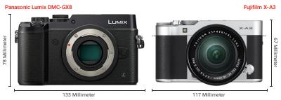 Größenvergleich: Panasonic Lumix DMC-GX8 vs. Fujifilm X-A3 Größenvergleich: Panasonic Lumix DMC-GX8 vs. Fujifilm X-A3