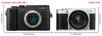 Größenvergleich: Panasonic Lumix DMC-GX8 vs. Fujifilm X-A5