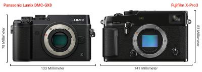 Größenvergleich: Panasonic Lumix DMC-GX8 vs. Fujifilm X-Pro3 Größenvergleich: Panasonic Lumix DMC-GX8 vs. Fujifilm X-Pro3