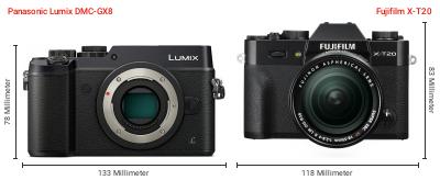 Größenvergleich: Panasonic Lumix DMC-GX8 vs. Fujifilm X-T20 Größenvergleich: Panasonic Lumix DMC-GX8 vs. Fujifilm X-T20
