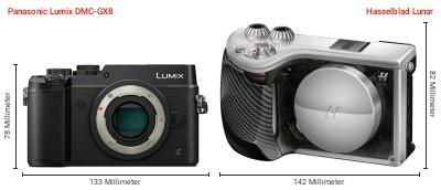 Größenvergleich: Panasonic Lumix DMC-GX8 vs. Hasselblad Lunar Größenvergleich: Panasonic Lumix DMC-GX8 vs. Hasselblad Lunar