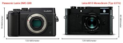 Größenvergleich: Panasonic Lumix DMC-GX8 vs. Leica M10 Monochrom (Typ 6376) Größenvergleich: Panasonic Lumix DMC-GX8 vs. Leica M10 Monochrom (Typ 6376)