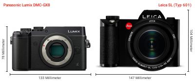Größenvergleich: Panasonic Lumix DMC-GX8 vs. Leica SL (Typ 601) Größenvergleich: Panasonic Lumix DMC-GX8 vs. Leica SL (Typ 601)