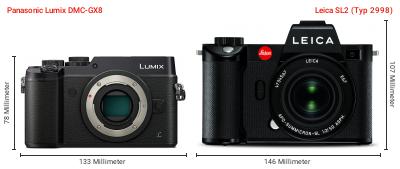 Größenvergleich: Panasonic Lumix DMC-GX8 vs. Leica SL2 (Typ 2998) Größenvergleich: Panasonic Lumix DMC-GX8 vs. Leica SL2 (Typ 2998)