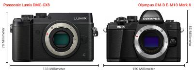 Größenvergleich: Panasonic Lumix DMC-GX8 vs. OM System OM-D E-M10 Mark II Größenvergleich: Panasonic Lumix DMC-GX8 vs. OM System OM-D E-M10 Mark II